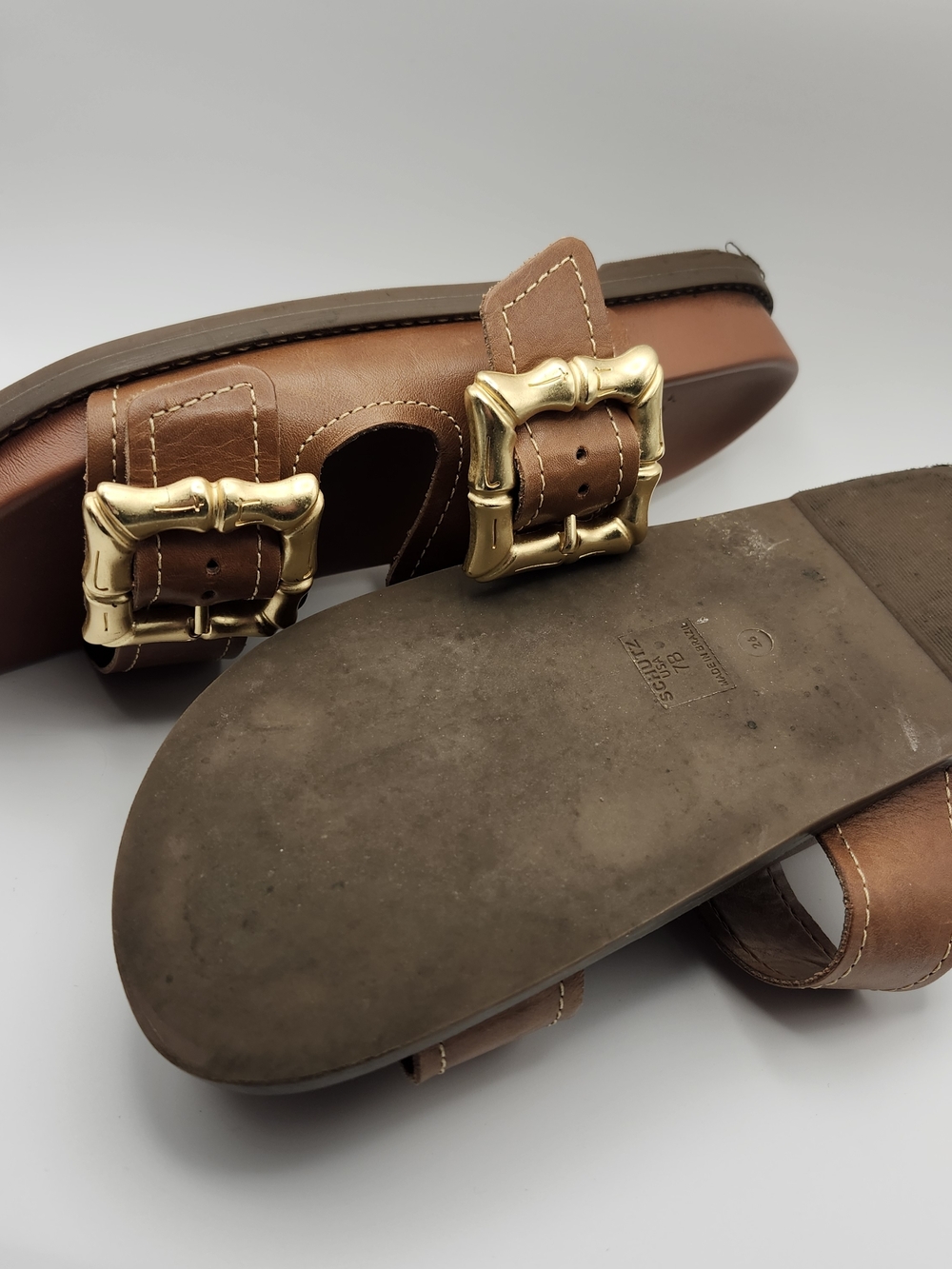 Brown Leather Double-Buckle Slide Sandals with Gold Buckles LIKE NEW - Picture 2 of 2